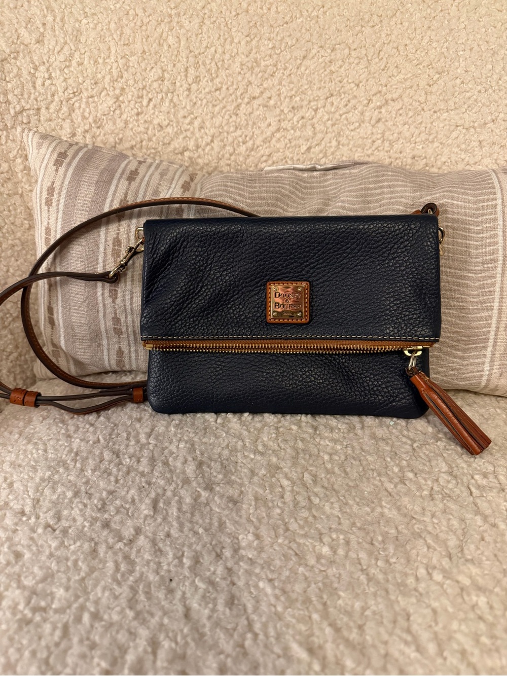 Dooney & Bourke Black Pebble Leather Fold-Over Crossbody with Tan Trim